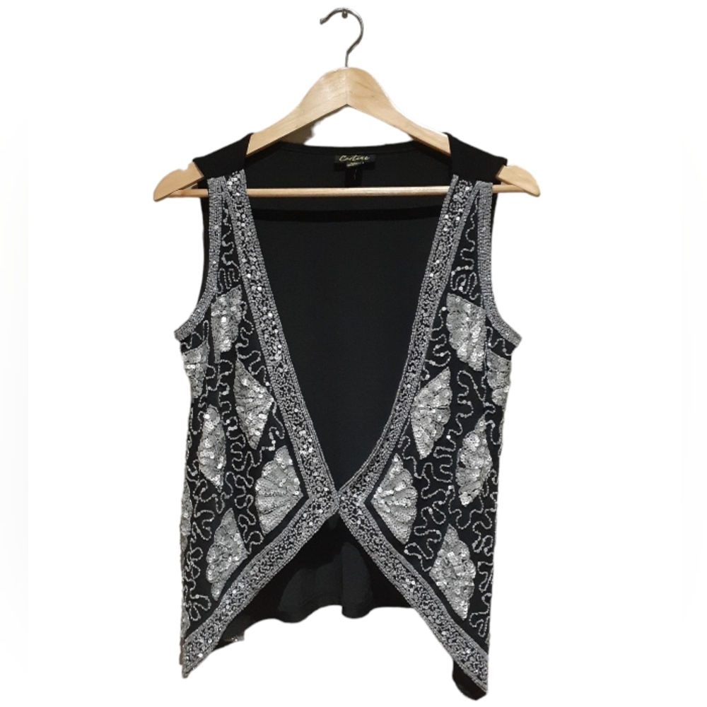 Cartise Women's Tank Vest Black with Silver Sequins and Beads Size Medium